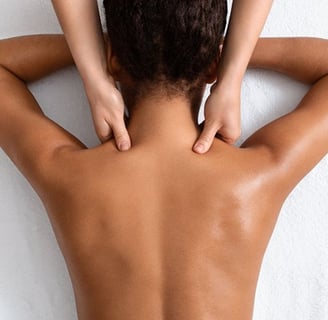 a woman is shown with a man's hands on her back