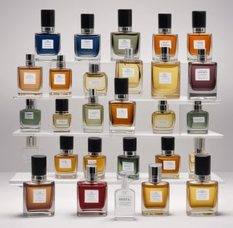 An elegantly arranged display of luxury fragrance items, featuring a large bottle of perfume with a black cap, a matching rectangular box, and a smaller box. The items are adorned with a golden chain draped artfully around them, set against a contrasting background with a patch of black fabric.