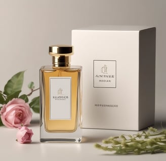 A luxurious perfume bottle with a gold chain handle and a textured black top. The glass of the bottle is dark emerald green with branding text in gold letters.