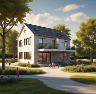 A single-story house with large windows and a dark roof is surrounded by a lush green lawn, with a backdrop of tall trees. The sky is bright blue with scattered fluffy clouds, and the sunlight casts a warm glow on the scene.