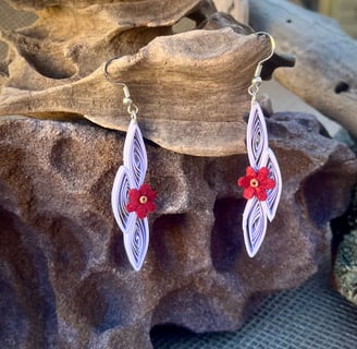 Handmade white quilled paper earrings with red paper flower embellishments hypoallergenic sterling s