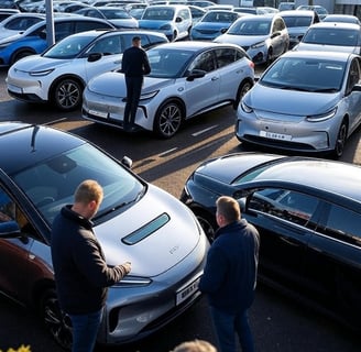 Busy Leeds car dealership showcasing used electric vehicles on a forecourt in 2025, with customers