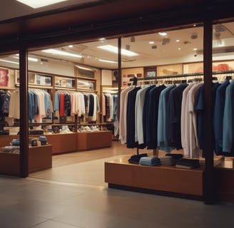 A well-organized clothing store with displays of neatly stacked shirts in various colors, mainly white, blue, and beige. Mannequins dressed in formal attire are placed around the store. Shelves are stocked with boxes and additional clothing items. Overhead lighting creates a warm atmosphere, and signs displaying prices are visible throughout the store.