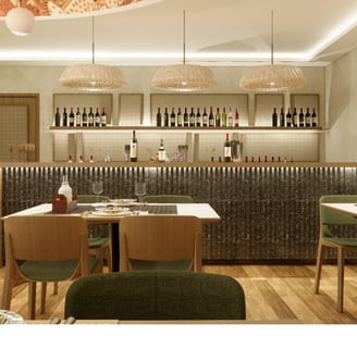 a restaurant with a large window and a table with plates and glasses VANTAGE FARMLAND TROPICAL EXPERIENCE