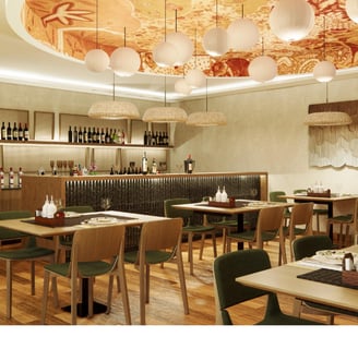 a restaurant with a large window and a table with plates and glasses VANTAGE FARMLAND TROPICAL EXPERIENCE