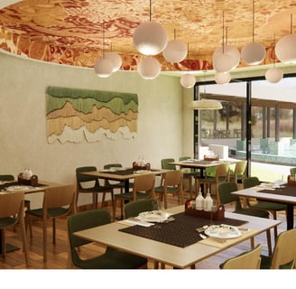 a restaurant with a large window and a table with plates and glasses VANTAGE FARMLAND TROPICAL EXPERIENCE