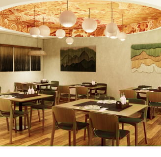 a restaurant with a large window and a table with plates and glasses VANTAGE FARMLAND TROPICAL EXPERIENCE