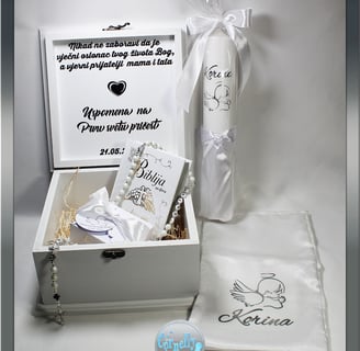 Personalizirani set za prvu pričest i krizmu s krunicom i Biblijom