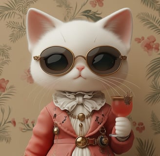 a white cat with sunglasses and a pink jacket