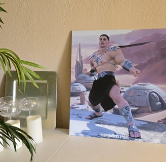 sci-fi cosplay commercial art print shown in context placed on a table against a wall