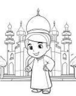 coloriage avec petit musulman et une mosquée