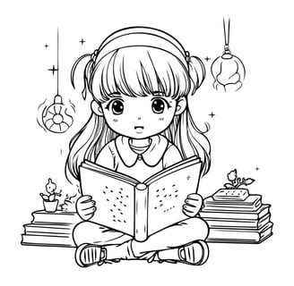 a girl reading a book while sitting on a stack of books