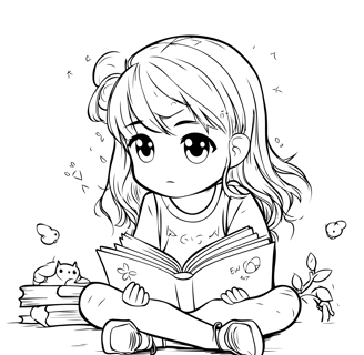 a girl reading a book while sitting on a pile of books