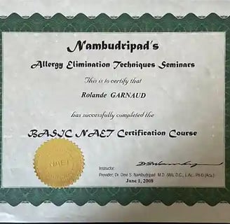 Certificat de formation NAET de Rolande Garnaud en techniques d'élimination des allergies