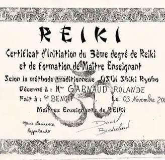 Diplôme de 3 ème degré de Reiki Usui de Rolande Garnaud