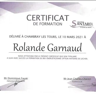 Certificat de formation de Rolande Garnaud Bio-Energéticienne option antenne de Lecher