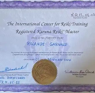 Diplôme de Master en Reiki Karuna de Rolande Garnaud