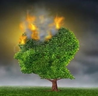 arbre en forme de tête humaine en train de brûler en haut symbolisant le stress, le mal de tête