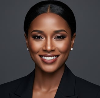 a woman in a black suit and earrings wearing professional makeup