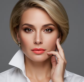 a woman with blonde hair and a white shirt wearing coral lipstick