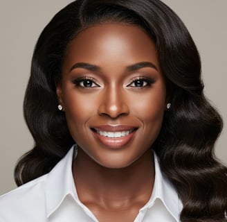 a professional headshot of a woman smiling with a white shirt and professional makeup