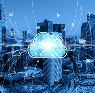 Futuristic smart city skyline illuminated with AI data streams, cloud computing icons