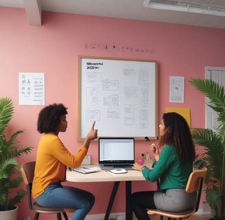 Two women are standing in a brightly colored office room with an orange wall. They are discussing or arranging colored sticky notes on a whiteboard. There is a table in the foreground with a laptop, a coffee mug, a mouse, and more sticky notes. A plant is placed near the wall.