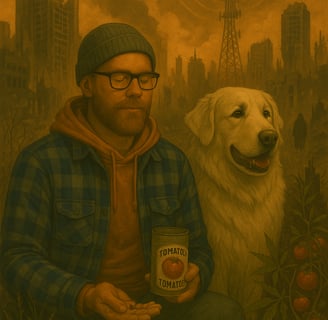 Man and dog sit in ruins with a tomato can, as a tower broadcasts signals in the distance.