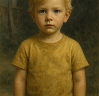 A young blonde boy with blue eyes stands quietly in a yellow shirt, gazing forward against a soft ga