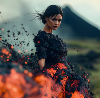 Ai Generated image of a photo model dressed in surreal volcano dress