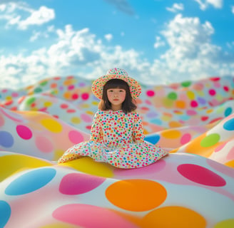 Ai Generated image of a young girl dressed in colorful dotted dress surreal setting