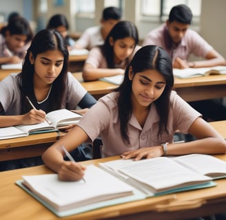 A group of students seated closely together in what appears to be a classroom setting, holding notebooks and pens. They are attentively engaged in what seems like a lecture or group discussion. The focus is on the students' hands and the open notebook, where notes are visible.