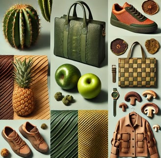 A collage showcasing different types of plant-based leather, including cactus leather, apple leather, pineapple leather, and