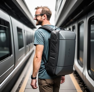 a man with a backpack on a train