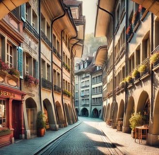 Voici une illustration d'une ruelle pittoresque de Berne, capturant l'ambiance unique de la vieille ville avec ses arcades et