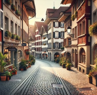 Voici une représentation d'une charmante ruelle pavée de Frauenfeld, entourée de bâtiments historiques aux façades colorées e