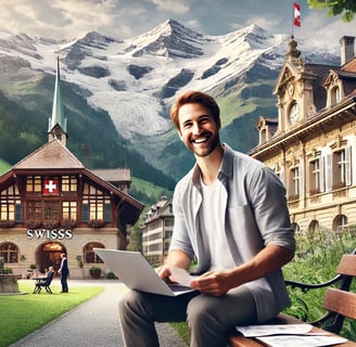 image, mettant en scène un environnement extérieur pittoresque en Suisse, avec un bâtiment bancaire historique entouré de mon