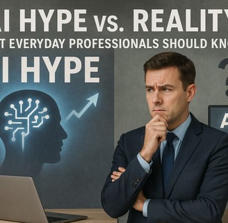 Professional weighs AI promise vs. reality at his laptop.