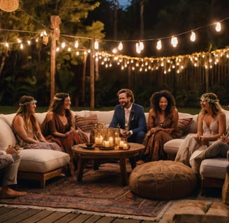 Mariés riant avec leurs proches dans un coin lounge chaleureux