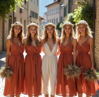 Demoiselles d’honneur à un mariage bohème chic à Annecy, été 2024, portant des robes midi en lin l