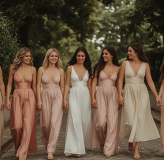 Six femmes marchant dans une ruelle pavée bordée de verdure, portant des robes longues ou midi