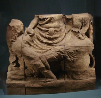Beheaded Murti of Shiva and Uma, found buried underneath Penjikent Mosque.