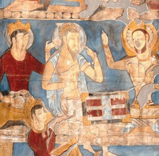 Yudhiṣṭhira playing dice with Shakuni, Pre-Islamic Tajikstan in Panjikent.