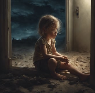 a little child sitting on a window sill