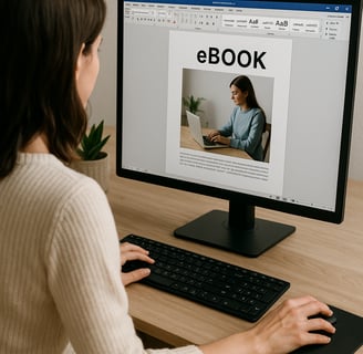 donna che crea un ebook PLR personalizzato al computer