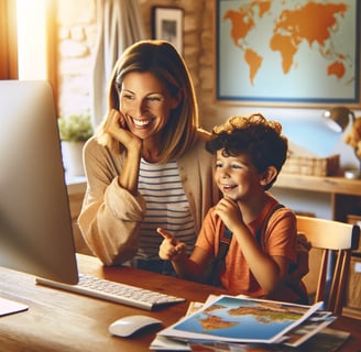 a woman and a child sitting at a desk