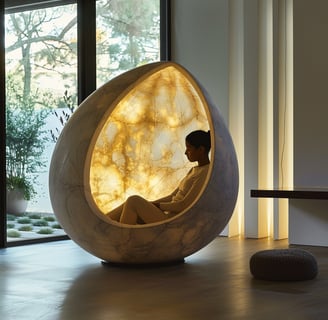a woman sitting in a chair shaped like an egg in a room