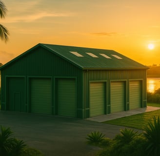 A tampa warehouse on the bay behind a beautiful tampa sunset