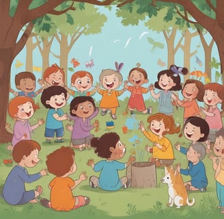 A group of young children is seated on small stools outdoors in an alleyway, attentively engaged with an adult woman standing nearby who appears to be teaching or talking to them. The scene is surrounded by various elements such as potted plants, a water cooler, parked motorcycles, and an arrangement of colorful items in the background. The children are wearing matching uniforms with white shirts and dark overalls.