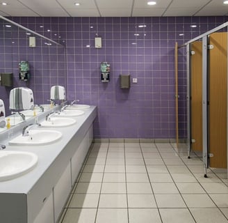 Cleaned and sanitized commercial restroom.